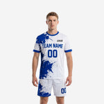 Men's custom blue and white soccer uniform with Royal Blue splash print jersey and matching shorts, front view