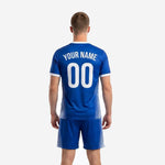 Close detail of Royal Blue sublimated soccer jersey with white radiating stripe side panel and V-neck collar