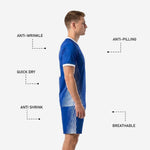 Matching Royal Blue soccer shorts with white stripe outer panel and elastic drawcord waistband