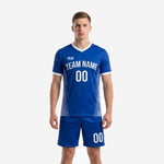 Men's Royal Blue and white stripe side panel blue and white soccer uniforms front view with team name and number on chest