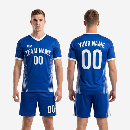 Full 2-piece Royal Blue and white stripe panel custom soccer uniform set jersey and shorts worn by adult male model