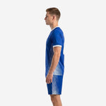 Right side view of custom blue and white soccer uniforms with white contrast V-neck collar and sleeve cuff trim
