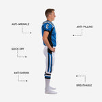 Back view of royal blue custom youth football uniform showing back number placement, nameplate area, black side panels and matching white pants with blue black leg stripe
