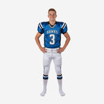 Royal blue and white youth football uniform supplier set with black side panels, team name Hawks and number 3 on front, matching white pants with blue and black leg stripe - front view