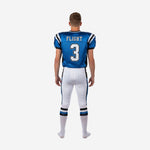Opposite side view of custom royal blue white youth American football uniform showing sublimated side panel detail on jersey and matching leg stripe on white football pants