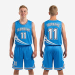 Youth basketball uniform size and specification sheet for the royal blue and white custom team set