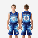 Youth basketball uniform size and specification sheet for royal blue starburst custom jersey and shorts set