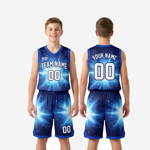 Youth basketball uniform size and specification sheet for royal blue starburst custom jersey and shorts set