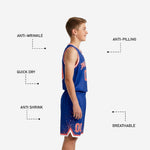 Back view of royal blue youth basketball uniform set showing back number and player name placement on blue jersey with matching shorts