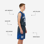 Back view of royal blue youth basketball uniform set showing back number placement and full halftone dot gradient sublimation