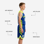 Back view of royal blue kids basketball team uniform showing player name and number placement on the upper back of the fully sublimated jersey