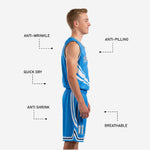 Back view of royal blue youth basketball uniform jersey showing back number placement and navy-white striped armhole and neck binding