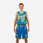 Custom royal blue youth basketball uniforms with yellow gold lightning bolt print, V-neck jersey, and matching shorts - front view full set