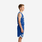 Front view of royal blue youth basketball uniform with white V-neck binding, arced team name across chest, and front number 00 on solid blue jersey
