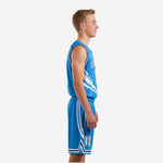 Custom royal blue youth basketball uniform front view with arced team name in white with navy outline and front number 11 centered on chest