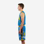 Opposite side view of custom royal blue and gold youth basketball uniform showing shorts side panel stripe and elastic waistband detail