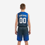 Opposite side view of custom blue and navy youth basketball uniform set showing shorts chevron hem detail and jersey cut