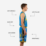 Close detail of royal blue basketball shorts with yellow gold and black hem band, white drawcord waistband, and sublimated number on right leg