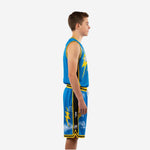 Side view of royal blue youth basketball uniform set showing black side panel trim and yellow gold armhole binding on sleeveless jersey