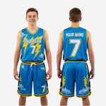 Youth basketball uniform size and specification sheet for custom royal blue and gold sublimated jersey and shorts set