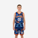 Size and specification sheet for royal blue and orange custom youth basketball uniform set in full sublimation camo design