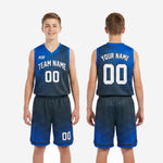 Size and specification sheet for royal blue and navy custom youth basketball uniform sets in full youth sizing