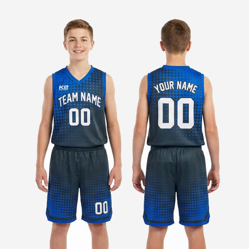 Size and specification sheet for royal blue and navy custom youth basketball uniform sets in full youth sizing