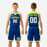 Youth basketball uniform size and specification sheet for royal blue and neon yellow-green custom team sets in full youth sizes