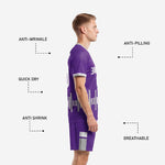 Close detail of sublimated Royal Purple soccer jersey with Silver graphic panel and v-neckline trim