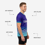Back view of royal purple and teal sublimated soccer training jersey with player name and number zones