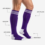 Royal Purple custom soccer socks heel and toe reinforcement zone detail showing white contrast construction