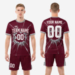 Shattered glass custom soccer uniform in maroon, jersey and shorts set by K2 Sportswear