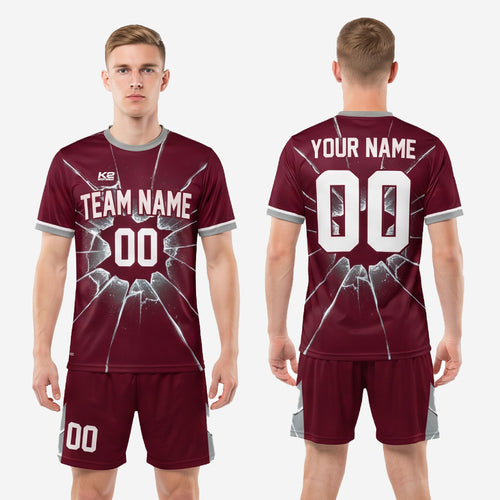 Shattered glass custom soccer uniform in maroon, jersey and shorts set by K2 Sportswear