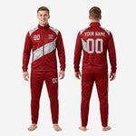 Back view of mens custom tracksuit set in Dark Red and Silver showing back name and number print zone on full-zip jacket