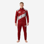 Mens custom tracksuit set in Dark Red and Silver geometric panel design, full front view showing 2-piece jacket and tapered pants
