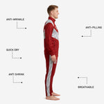 Detail view of Dark Red custom soccer tracksuit pants showing Silver outer-leg panel and player number print zone on thigh