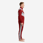 Left side view of mens custom tracksuit set in Dark Red with Silver diagonal panel running from shoulder to pant leg