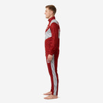 Right side view of silver trim custom mens tracksuit set showing full-zip jacket and tapered pant cut in Dark Red