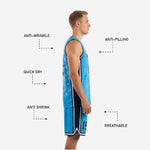 Close detail side view of sky blue and navy basketball jersey uniform showing seam construction and armhole cut