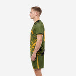 Soccer uniform men army green gold splatter kit back side panel view