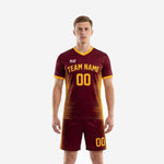 Spike stripe men's soccer team uniforms in Maroon and Athletic Gold, front view of full 2-piece custom kit