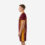 Sublimated soccer uniforms in Maroon and Athletic Gold spike-stripe design, right side view showing jersey and shorts pattern