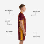 Maroon and Athletic Gold custom soccer shorts with continuous spike-stripe sublimated print, side panel view
