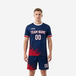 Men's soccer team uniforms in Navy Blue and Crimson with splash print, front view of full 2-piece kit