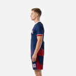 Sublimated men's soccer team uniforms right side view with Navy Blue and Crimson splash design on jersey and shorts