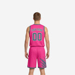 Opposite side view of the custom gray and pink reversible basketball uniform set showing the shorts leg panel and jersey silhouette