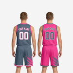 Size and spec sheet for the gray and pink splash reversible basketball uniform set covering youth and adult sizing options