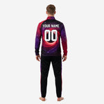 Close detail of custom mens soccer training jackets showing ribbed cuffs and stand collar in deep Royal Purple with galaxy gradient transitioning to Crimson