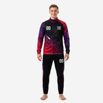 Front view of stand collar custom mens soccer training jackets in Crimson and Royal Purple galaxy print with full-zip closure and team logo placement on chest