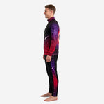 Second side view of sublimated mens soccer training jacket in Crimson and Royal Purple galaxy pattern showing constellation graphics and comet streak print detail
